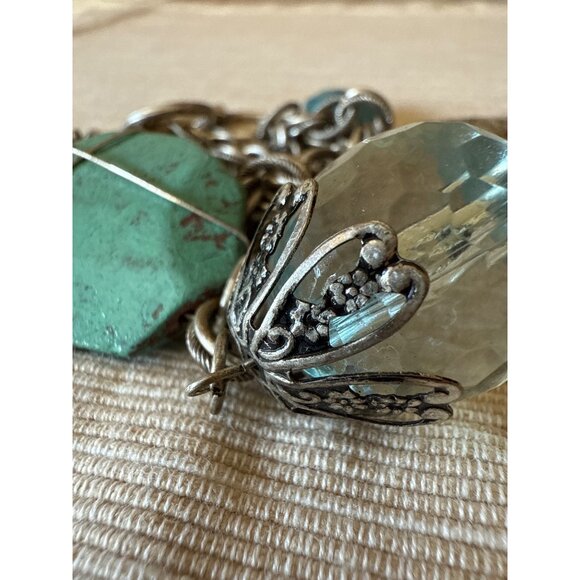 Boho Silver Tone Charm Bracelet Hearts Turquoise Glass Beads Toggle Statement - Picture 12 of 16